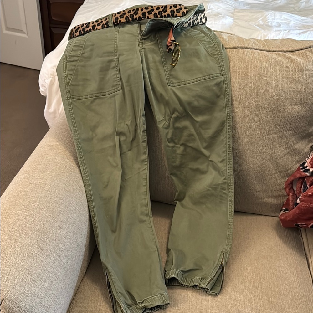 CAbi Olive Green Ankle Pants with Leopard Print Belt